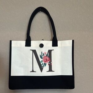 Canvas Monogram Tote Bag “M” Floral Design, Black & Cream